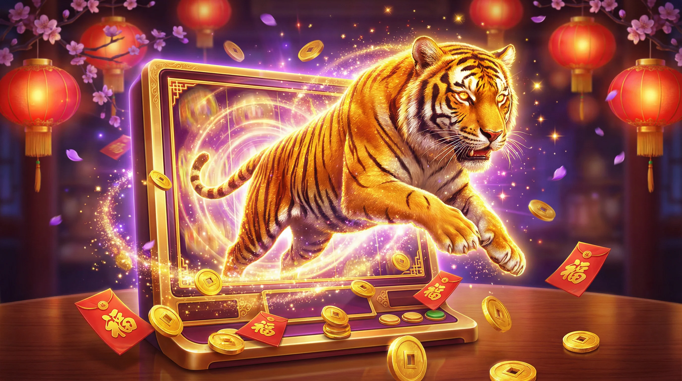 Juego Fortune Tiger con tigre dorado majestuoso y monedas de oro